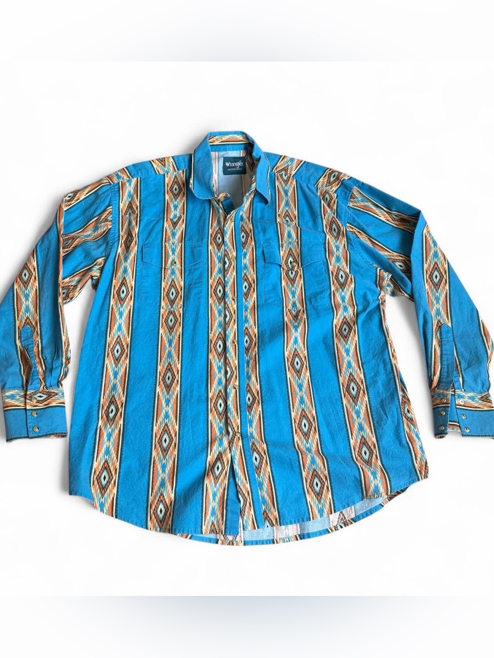 Wrangler Vintage Aztec Brushpopper Navajo Western Shirt Turquoise Pearl Snap XL